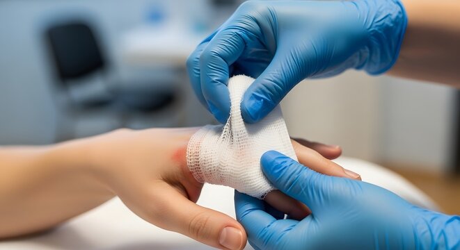 Gloved medical hands applying gauze bandage to a red wound. First aid treatment and wound care management. Doctor cleaning and wrapping an injured hand in a clinical setting