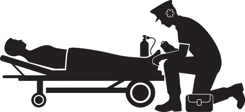 Silhouette of paramedic attending to patient on stretcher isolated on white background in medical emergency scene