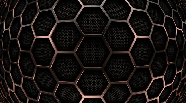 A metallic bronze or copper colored spherical 3D honeycomb lattice layers over a dark, textured black mesh underlay to create an industrial look.