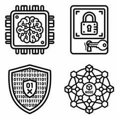 Fototapeta premium AI Security And Blockchain Vector Icon Set With Neural Chip Lock Shield And Network Node Symbols Isolated On White Background