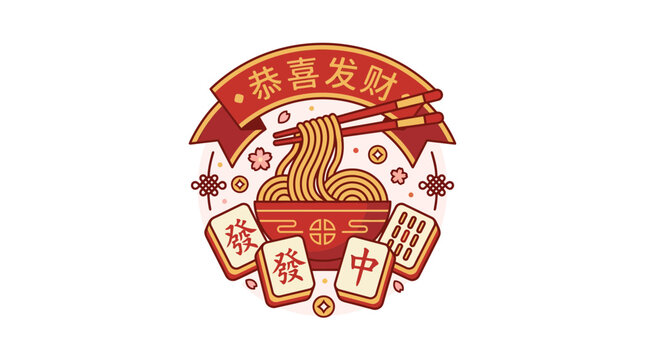 Bowl of longevity noodles with mahjong tiles illustration.