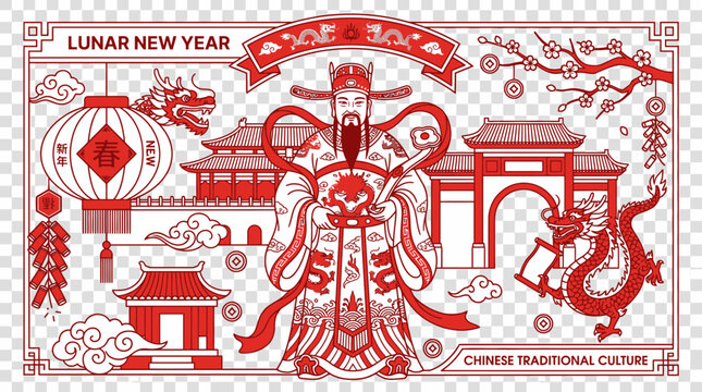 Caishen God of Wealth with lanterns and traditional architecture.