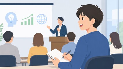 Fototapeta premium Young man attending a seminar, actively taking notes while a presenter discusses business growth and global ideas