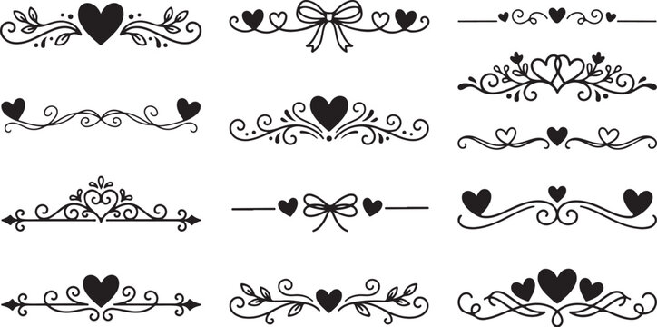 Black heart dividers, ornate heart frames, swirly heart borders, vector illustration set