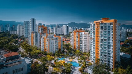 Naklejka premium Aerial View of Urban Landscape with Concrete Buildings and Greenery