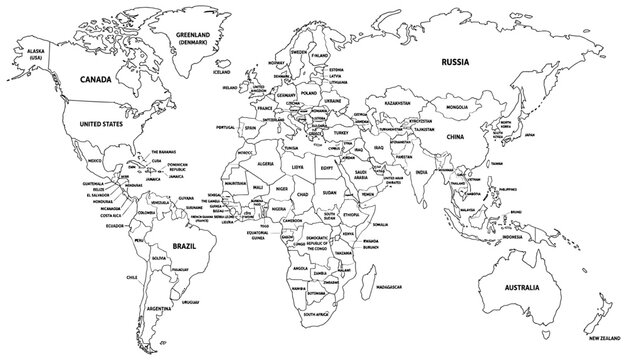 Detailed black and white world map illustration featuring clearly labeled international country borders and names for educational geography purposes presented as a simple line art 