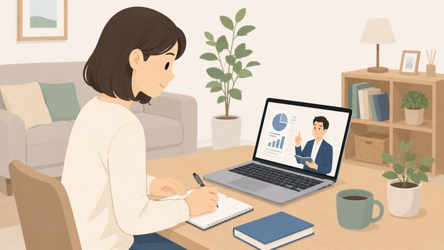 Woman learning online or attending a webinar on her laptop in a comfortable home office setting