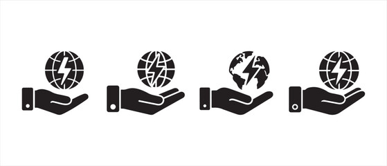 Set of hand holding globe with lightning bolt icons representing energy and global power concepts. © Safali