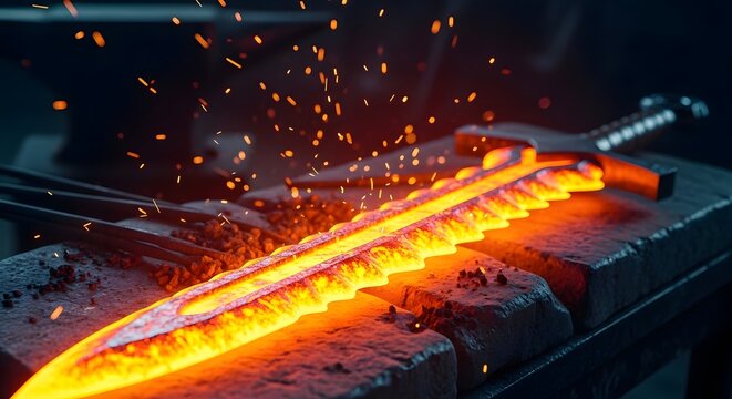 Glowing hot sword resting on a blacksmith anvil. Metalworking and traditional forging. Forged blade radiating heat with sparks in a dark workshop.