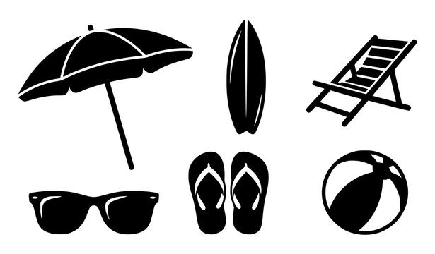 Premium Beach And Summer Recreation Silhouette Collection With Surfboard And Umbrella