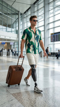 Bionik bionics biorobots bionic Biomechanical leg male Model Fashion show. Futuristic bionic fashion. Man with a biomechanical leg wearing summer attire shorts and a summer shirt.