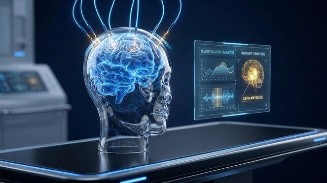 Futuristic Brain Head Neural Interface Holographic Glow Dark Medical Concept