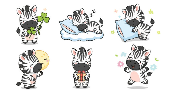 Cute Zebra Character Set in Various Poses and Activities