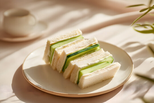 Freshly Made Cucumber Sandwiches Served on a Delicate Plate with Afternoon Tea Setting