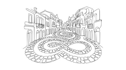 Obraz premium Artistic Sketch of Historic Cobblestone Street with Swirling Pattern and Old Buildings