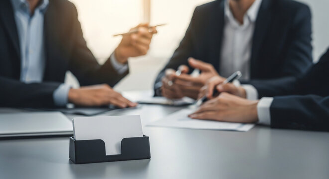 Business Card Holder On Table in a fast-paced corporate discussion, Business Meeting,