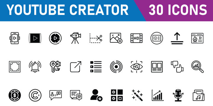 Collection of youtube creator icons for video production and editing tools