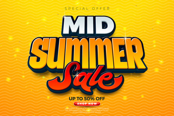 Mid Summer Sale Banner Design with 3d Typography Lettering on Yellow Retro Background. Vector Shopping Day Discount Illustration for Special Offer Banner, Coupon, Voucher, Business Flyer, Promotional © articular