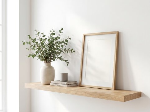 Stylish interior wall shelf with blank vertical wooden photo frame green eucalyptus plant and stack of books mockup, eucalyptus