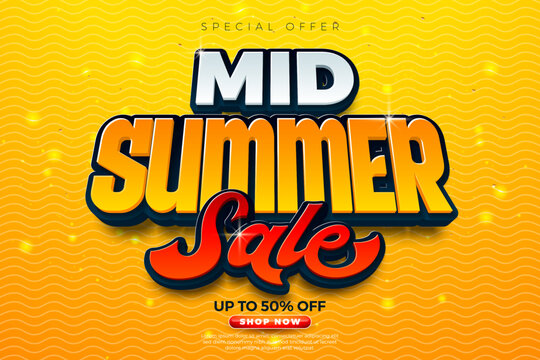 Mid Summer Sale Banner Design with 3d Typography Lettering on Yellow Retro Background. Vector Shopping Day Discount Illustration for Special Offer Banner, Coupon, Voucher, Business Flyer, Promotional