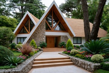 Fototapeta premium Modern a-frame house with stone facade and landscaped garden