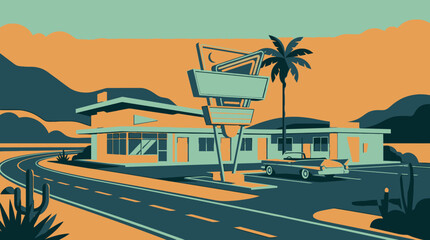 Obraz premium Retro motel with neon sign and palm tree on a desert highway, vintage travel illustration