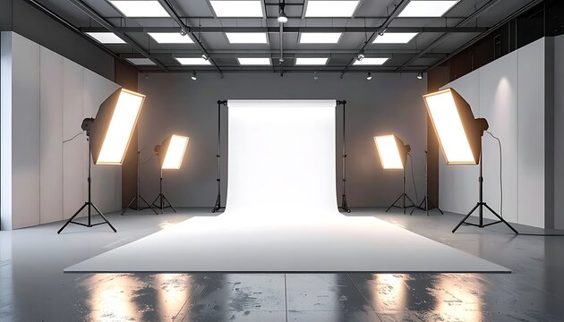 A studio with a white backdrop and lighting equipment (4)