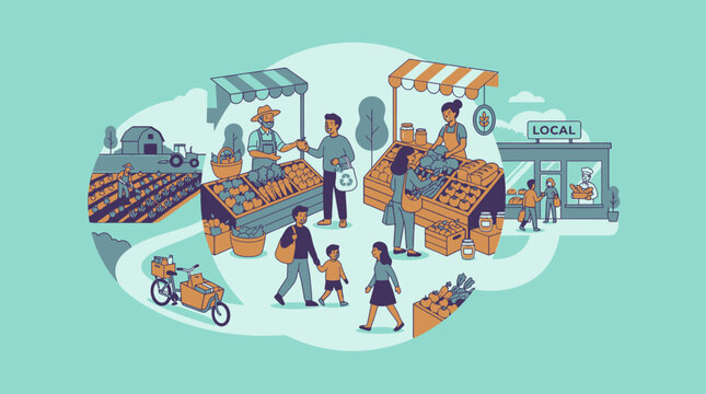 Illustration of a vibrant local farmers market with vendors selling fresh produce and shoppers interacting.