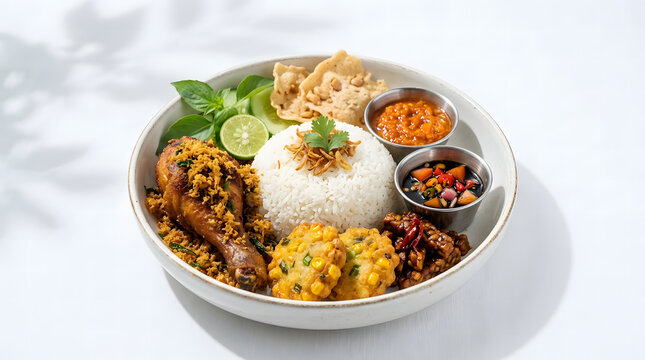 Complete Indonesian fried chicken rice bowl with steamed rice, corn fritter, tempe, sambal, sweet soy sauce, kerupuk, and fresh herbs in a ceramic bowl.