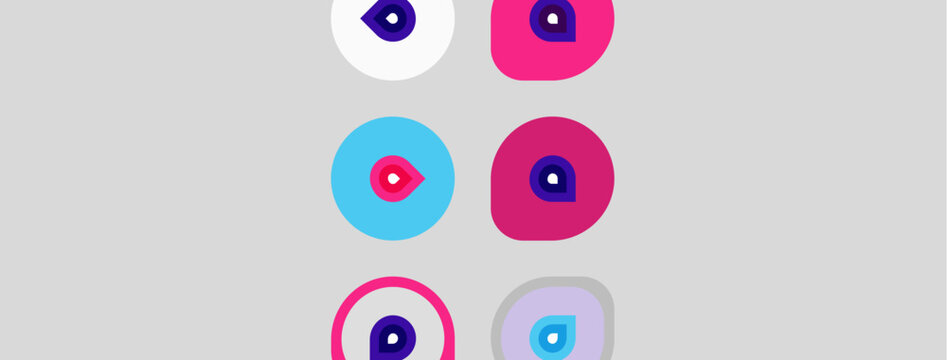 Colorful circles with smaller inner shapes. Designs vary in color, size, position. Minimalist aesthetic, simple geometric forms present.