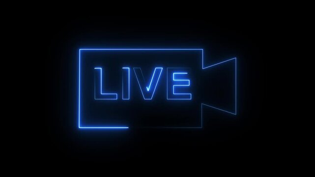 Neon LIVE Sign Animation, Glowing Blue Broadcast Frame, Digital Streaming and Social Media Notification Concept. animation
