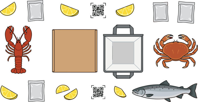 Seafood Delivery and Takeout Packaging Kit with Lobster Crab Salmon Fish Cardboard Boxes Lemon Slices Sauce Packets and QR Codes Vector Illustration