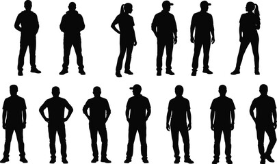 Silhouette illustration of diverse casual standing postures showing relaxed stances, individuality, and human body language for design projects © urmilarani