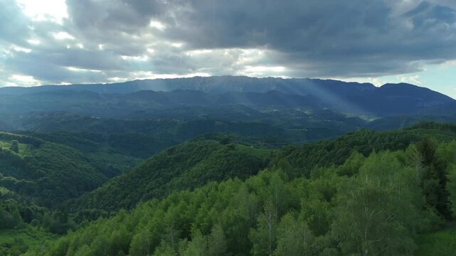 Impressive high voltage power lines network over fresh green hills in Simon with majestic Piatra Craiului mountains under a moody stormy sky, ascending drone shot