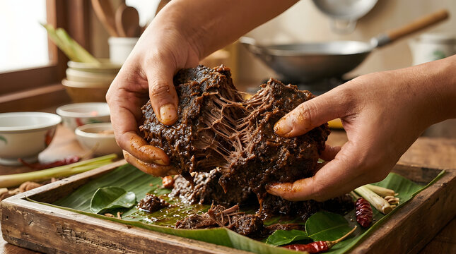 Authentic close-up of hands pulling apart dark caramelized beef rendang on banana leaf in a rustic wooden tray with lemongrass, chili, and traditional kitchen background.