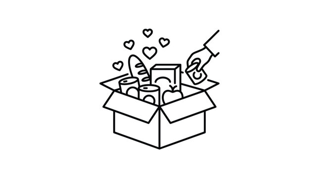 Open cardboard box filled with food items line art illustration