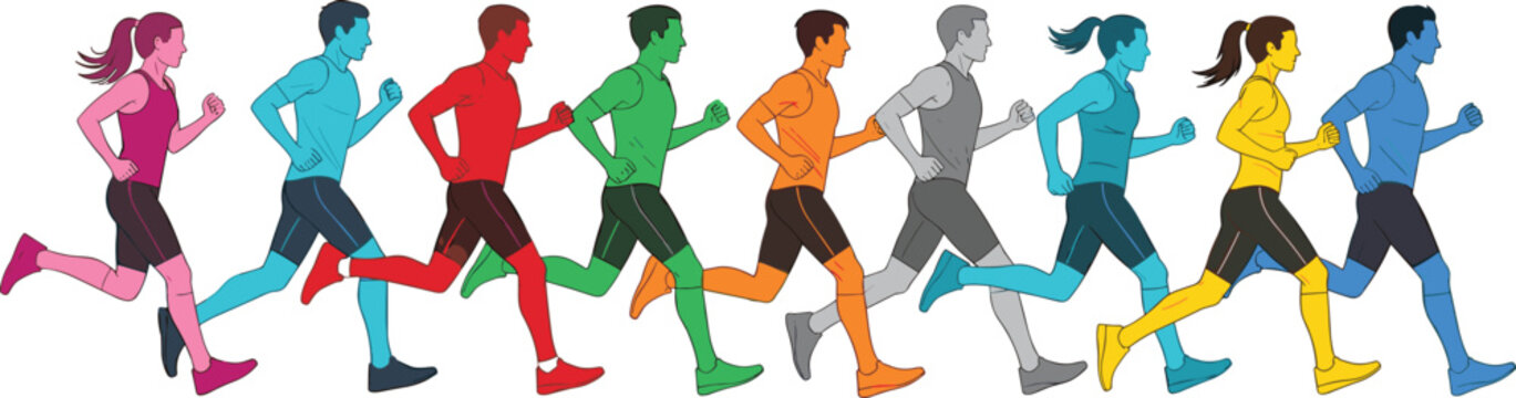 Colorful stylized runners illustration in diverse hues symbolizing teamwork, competition, fitness energy, and dynamic athletic motion in vibrant design