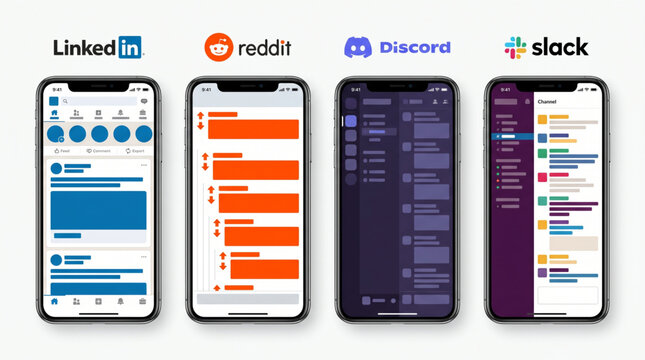 LinkedIn, Reddit, Discord and Slack mobile app mockup. Set of social media and communication network interface templates on smartphone screens. Editorial brand logotype icons. Modern UI UX design.