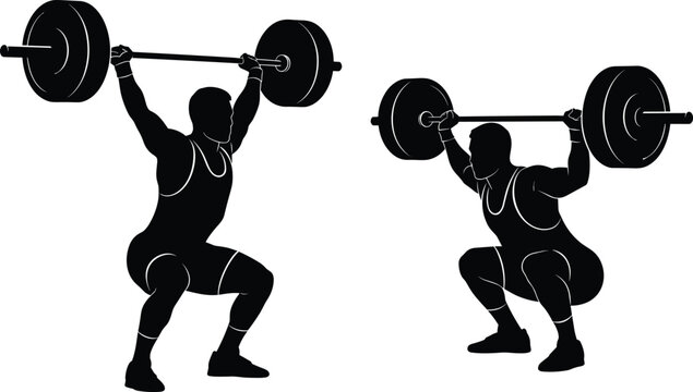 Male Weightlifter Silhouette Set Performing Overhead Barbell Squats Fitness Workout Vector Illustration Isolated on White Background