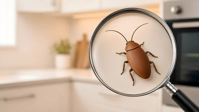 Cartoon style 3D cockroach in kitchen, magnified household pest illustration