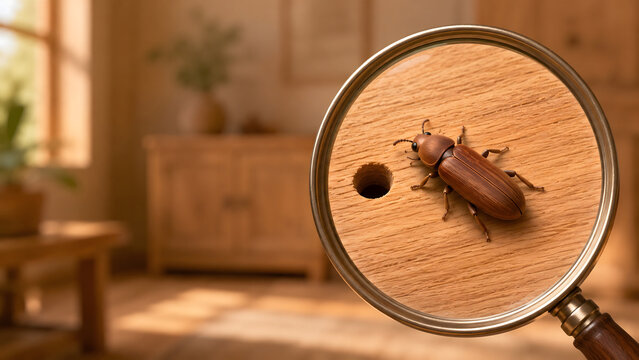 Cartoon style 3D woodworm beetle on wood, magnified timber pest illustration