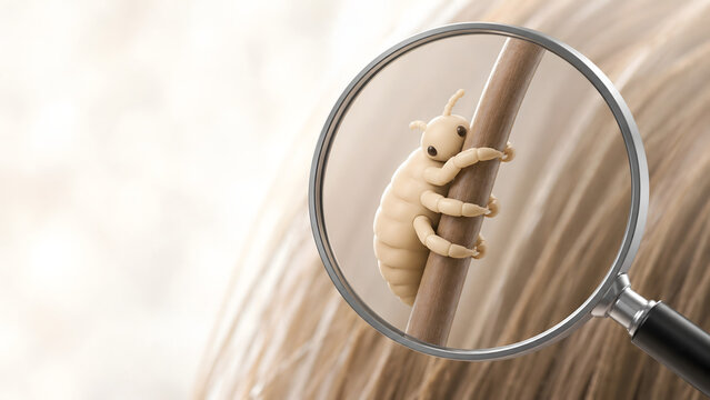 Cartoon style 3D head louse on hair strand, magnified pest illustration