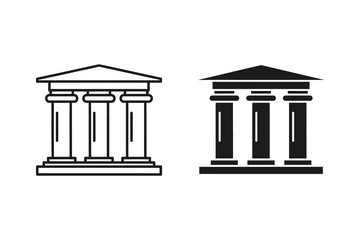 Obraz premium Classical building facade with columns, line art and silhouette vector illustration