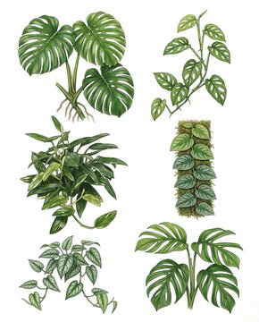 Hand drawn watercolor collection of tropical aroid houseplants monstera and pothos