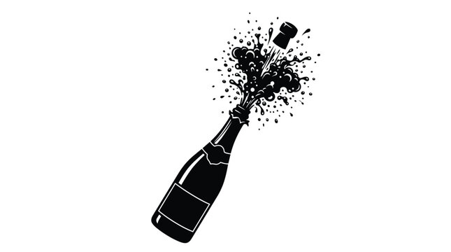 Champagne bottle with cork and spray black silhouette on white background