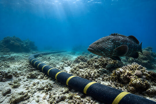Armored submarine cable crossing coral reef with grouper