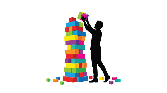 Silhouette of person building colorful rectangular block tower on white background