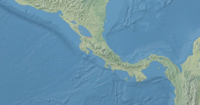 Costa Rica on Globe. Zoom into the country with Earth spinning on dark background. Physical world map with Costa Rica and label on it. Country view animation.