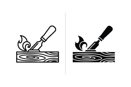 Wood carving chisel with flame, line and flat vector illustration