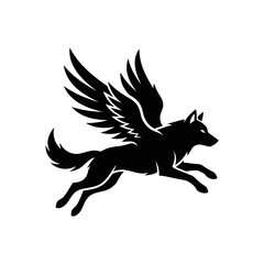 Fototapeta premium Black silhouette of a leaping winged wolf jumping forward.